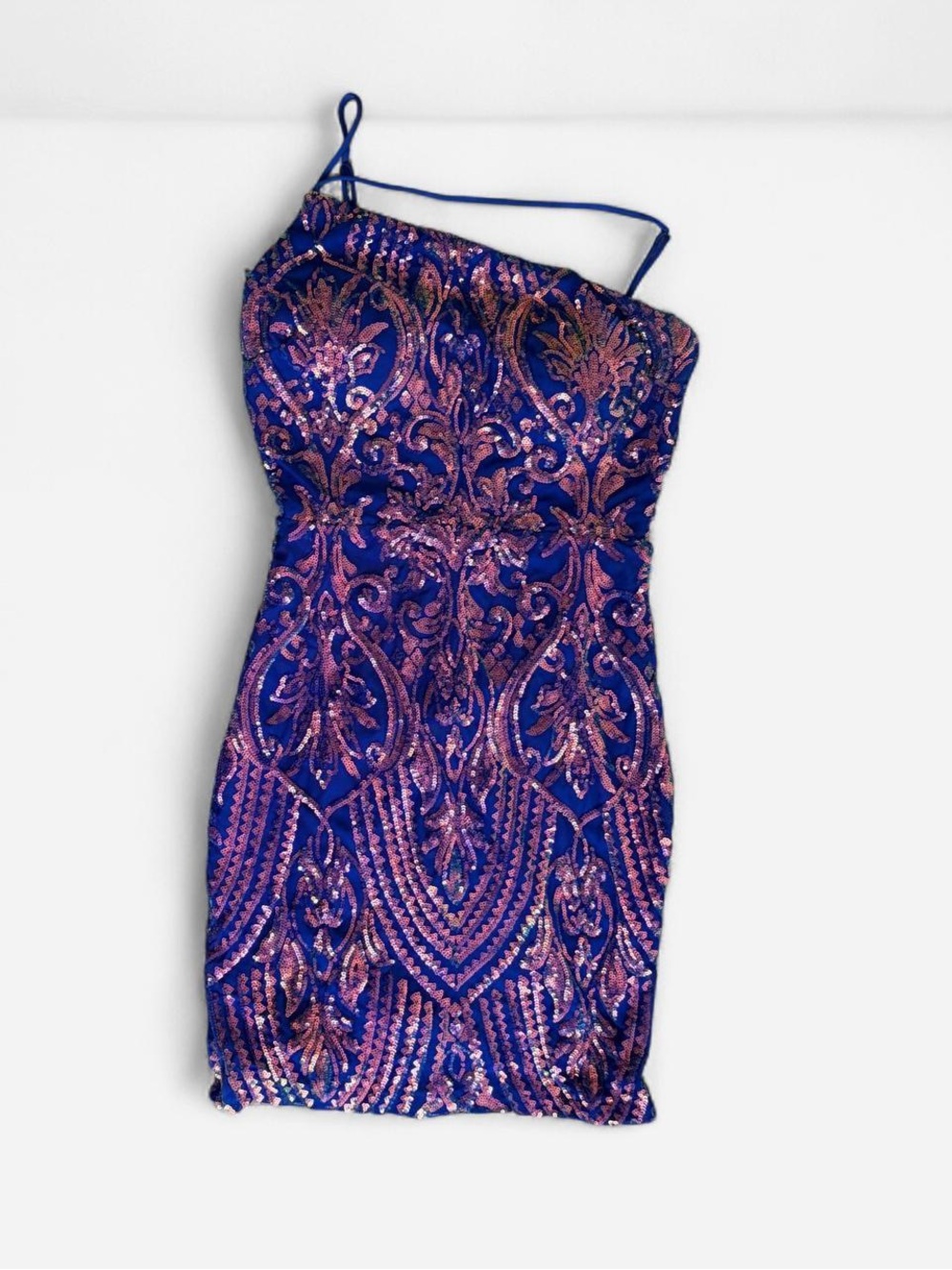 Windsor Royal Blue One-Shoulder Sequin Cocktail Dress with iridescent Accents